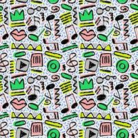 Vector seamless hand-drawn pattern with ovals, swirls, stripes, rectangular shape, crown, lips, zigzag, play button, music notes and treble clef. Grunge shapes colorful backdrop.