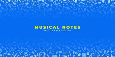 Musical notes vector background. Horizontal template with one color white hand-drawn musical elements and copy space in the center on blue color background.
