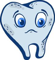 Small sad tooth with blue eyes, illustration, vector on white background.