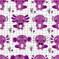 Checkered seamless pattern with axolotls and hearts. vector