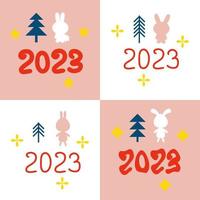 Trendy celebration New Year 2023 print collection with rabbits, trees and stars. vector