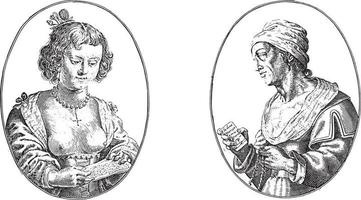 Portraits of the courtesans called La Belle Zavonare and Anna la Vetz, vintage illustration. vector