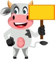 Cow with blank panel, illustration, vector on white background.