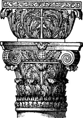 Byzantine Capital is leading forms round arch vintage engraving.