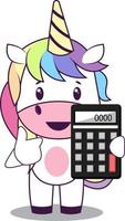 Unicornio con calculadora, ilustración, vector sobre fondo blanco.