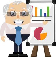 Old man with analytics table, illustration, vector on white background.