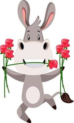 Donkey with flowers, illustration, vector on white background.