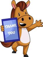 Horse with thank you sign, illustration, vector on white background.