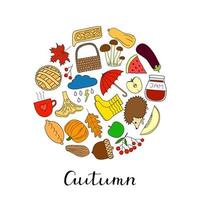 Hand drawn autumn items in circle. vector