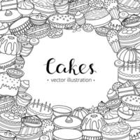 Background with doodle cakes and desserts. vector