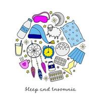 Sleep and insomnia items in circle. vector