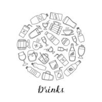 Doodle drinks in circle. vector