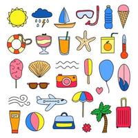 Set of doodle summer and vacation items. vector