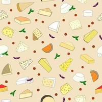 Seamless pattern with hand drawn cheese, basil and cherry tomatoes. vector