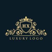 logotipo de la letra hx con escudo dorado de lujo. plantilla de vector de logotipo de elegancia.