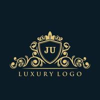 logotipo de la letra ju con escudo dorado de lujo. plantilla de vector de logotipo de elegancia.