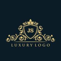 logotipo de la letra js con escudo dorado de lujo. plantilla de vector de logotipo de elegancia.