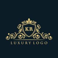 logotipo de la letra kr con escudo dorado de lujo. plantilla de vector de logotipo de elegancia.