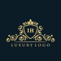 logotipo de la letra ih con escudo dorado de lujo. plantilla de vector de logotipo de elegancia.