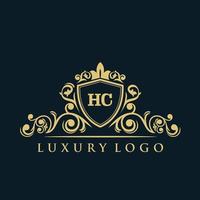 logotipo de la letra hc con escudo dorado de lujo. plantilla de vector de logotipo de elegancia.