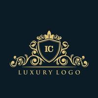 Letter IC logo with Luxury Gold Shield. Elegance logo vector template.