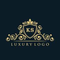 logotipo de la letra ks con escudo dorado de lujo. plantilla de vector de logotipo de elegancia.