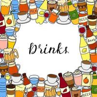 Square background with liquid drinks and lettering. vector