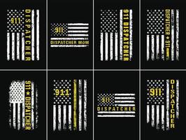 Despachador 911 con paquete de diseño de bandera de EE. UU. arte de la camiseta del primer respondedor. vector