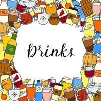 Square background with doodle drinks. vector