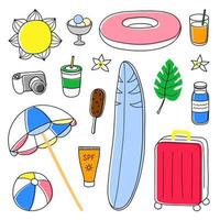 conjunto de artículos de verano y vacaciones dibujados a mano. vector