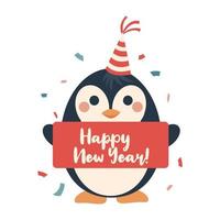 ilustración de dibujos animados de pingüinos con signo de feliz año nuevo. personaje navideño. invierno 2023 vector