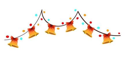 Christmas garland with bells and colorful lights flat cartoon style. Vector colorful illustration isolated on white background.