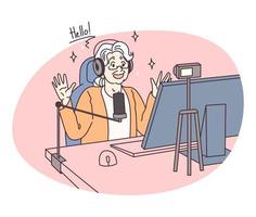 serpentina de la abuela. una anciana presenta un evento de video en vivo. generación anterior usando tecnología moderna. emoción de la felicidad. ilustración vectorial aislado sobre fondo blanco. vector