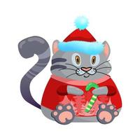 Grey cat in Christmas hat and red sweater. Kitty with New Year's caramel. Funny Kawaii animal. Cute cartoon baby character. Vector colorful illustration isolated on white background.