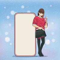 Advertising Christmas Concept. Young girl holding bubble tea flavors with big cell phone beside her vector illustration pro download