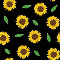 Seamless background pattern with many sunflowers on black background. Vector illustration.