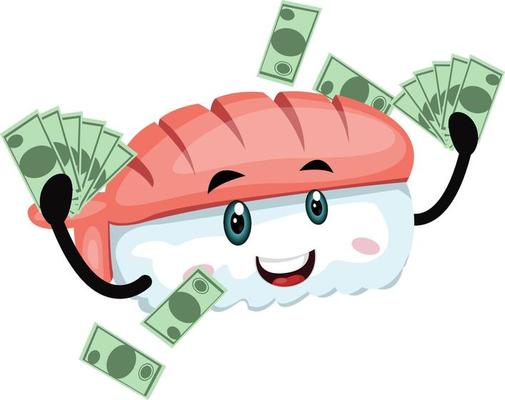 Sushi with money, illustration, vector on white background.