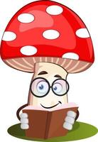 Mushroom reading book, illustration, vector on white background.