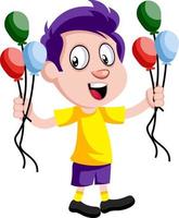 Boy with balloons, illustration, vector on white background.