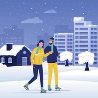 Man and woman ice skating in the snow vector