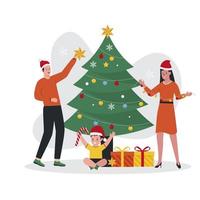 diseño plano de familia feliz decorar árbol de navidad juntos vector