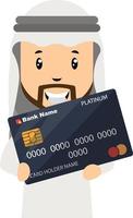 Arab holding credit card, illustration, vector on white background.