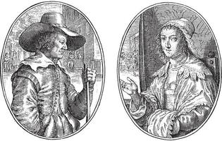 Blind matchmaker and miss, Crispijn van de Passe II, 1641, vintage illustration. vector