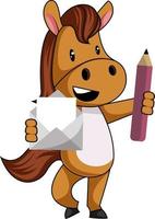 Horse with pen and paper, illustration, vector on white background.