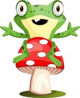 Joyful frog mascot sitting on a mushroom, illustration, vector on white background.