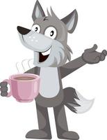 Wolf with coffee, illustration, vector on white background.