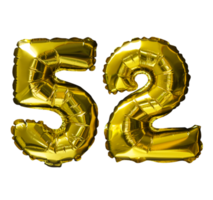 52 Golden number helium balloons isolated background. Realistic foil and latex balloons. design elements for party, event, birthday, anniversary and wedding. png