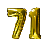 71 ballons d'hélium nombre d'or fond isolé. ballons réalistes en aluminium et en latex. éléments de conception pour la fête, l'événement, l'anniversaire, l'anniversaire et le mariage. png