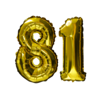 81 Heliumballons mit goldener Zahl isolierter Hintergrund. realistische Folien- und Latexballons. Designelemente für Party, Event, Geburtstag, Jubiläum und Hochzeit. png