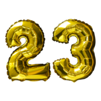 23 ballons d'hélium nombre d'or fond isolé. ballons réalistes en aluminium et en latex. éléments de conception pour la fête, l'événement, l'anniversaire, l'anniversaire et le mariage. png